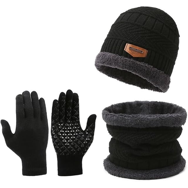 Conjunto de Invierno 3 Piezas Color Negro con Gorro de Punto Forrado, Bufanda Cuello de Forro Polar y Guantes Táctiles Antideslizantes para Hombre y Mujer