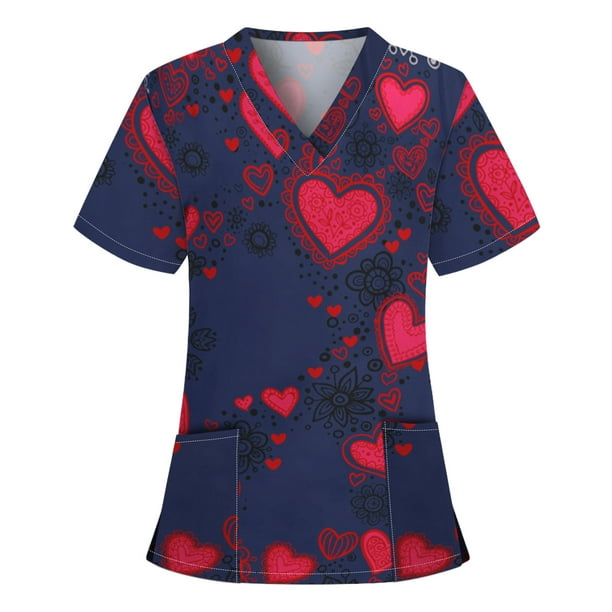 Women's Heart Printed Scrub Tops Plus Size V-Neck Fun T Shirts Working ...