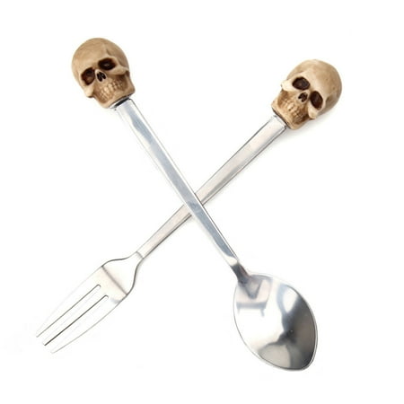

Jzenzero Skeleton Head Spoon Fork Set Unique Skeleton Design for Halloween Party