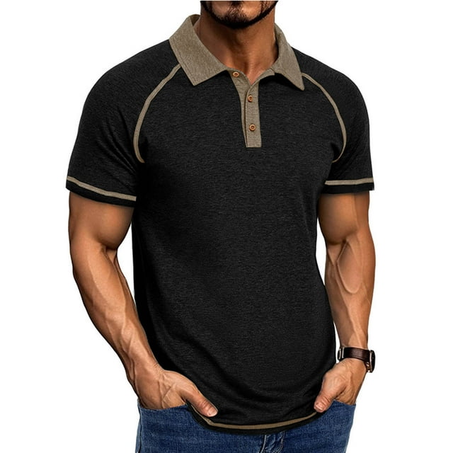 pstuiky camiseta de hombre, Blusa de manga corta con cuello vuelto, transpirable, con botones y color liso para hombre camisas casuales para hombre xxxl