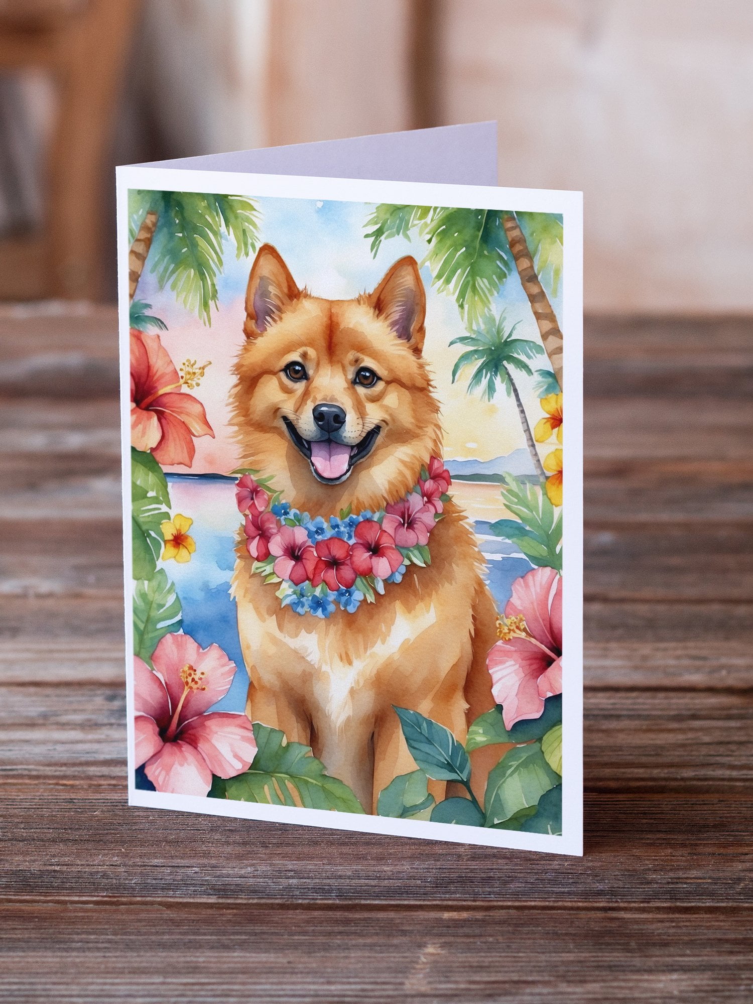 Finnish Spitz Luau Greeting Cards Pack of 8 7 in x 5 in