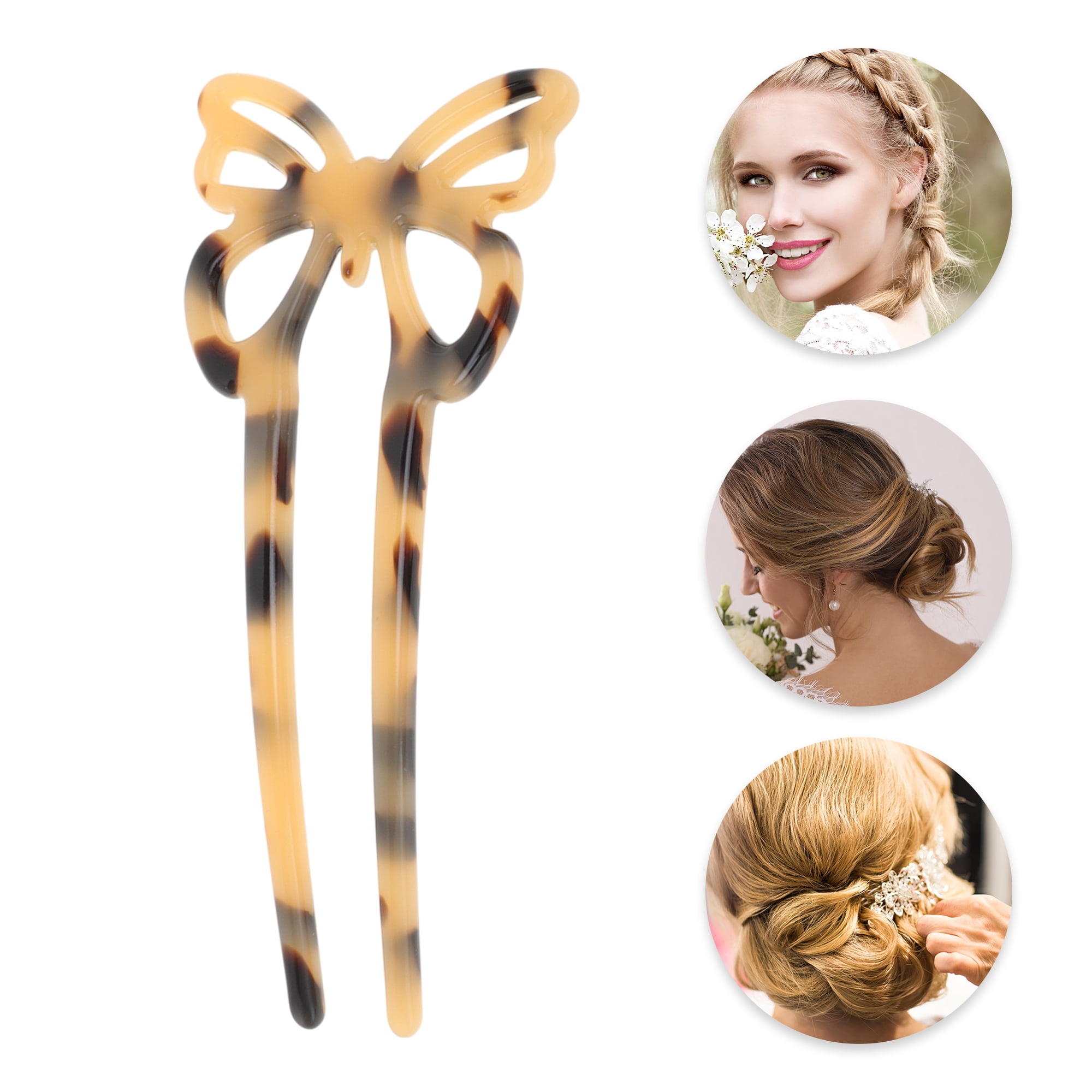 Unique Bargains Butterfly Hair Stick Fork Pins for Women 1 Pc White, Coffee Color