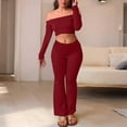 thumbnail image 2 of Dazajoo 2 Piece Sets for Women Long Sleeve Off Shoulder Crop Tops and Flared Leggings Lounge Set Yoga Sportswear Outfits,Red,L, 2 of 9