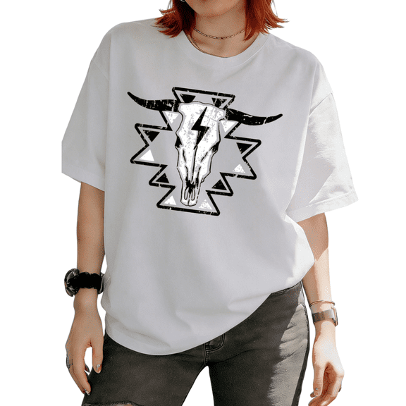 Cozymy Women's Western Cow Skull Aztec Graphic Tops Short Sleeve T-Shirt Soft Everyday Cotton Tees