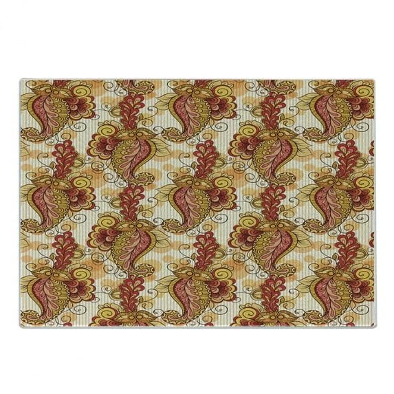 East Cutting Board, Traditional Paisley in Colors Floral Ornamental Cultural Art, Decorative Tempered Glass Cutting and Serving Board, Small Size, Orange Yellow and Red, by Ambesonne