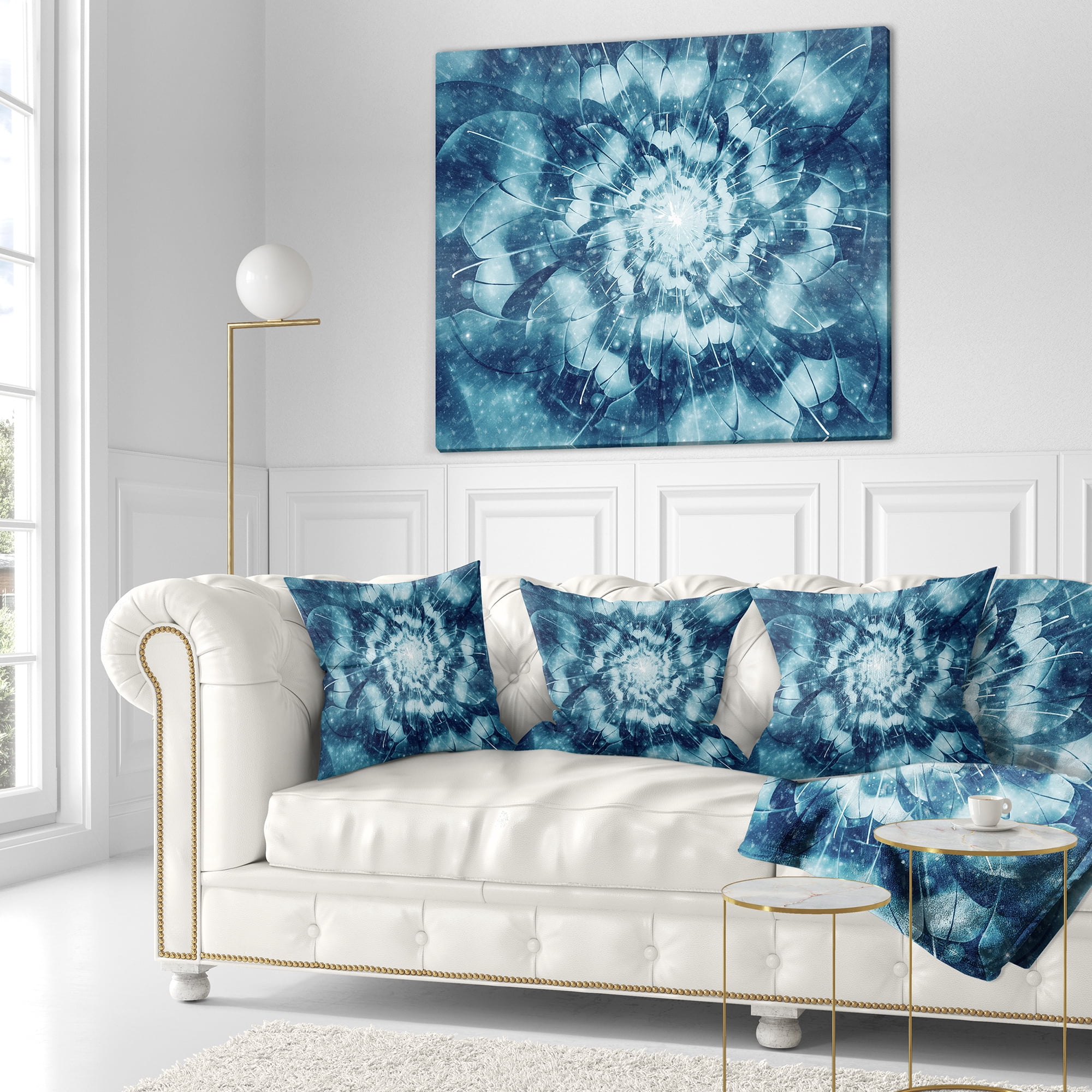 Designart Blue Snowy Fractal Flower Design - Floral Throw Pillow - 16x16