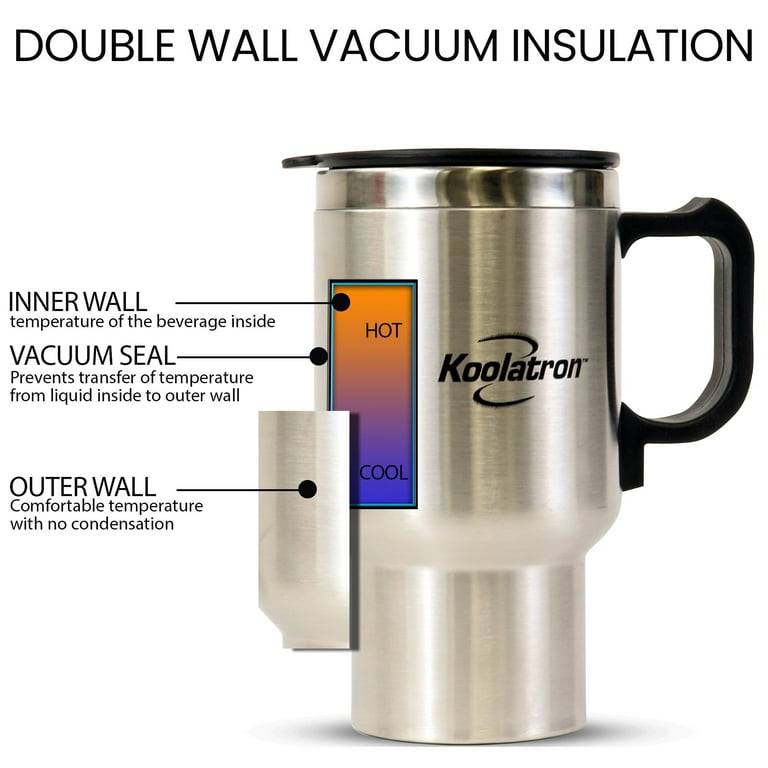 Koolatron 12V USB Heated Insulated Travel Mug, 17 oz (500 mL), Stainless  Steel Portable Thermal Tumbler for Hot or Cold Beverages, Silver and Black,  for Car, SUV, Truck, Office, Home, Dorm - Walmart.com