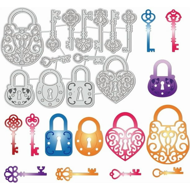 Kit de 13 troqueles metálicos con forma de corazón y llave para hacer tarjetas, repujado y troquelado de papel. Incluye plantillas, bolsillos de almacenamiento y demás accesorios.
