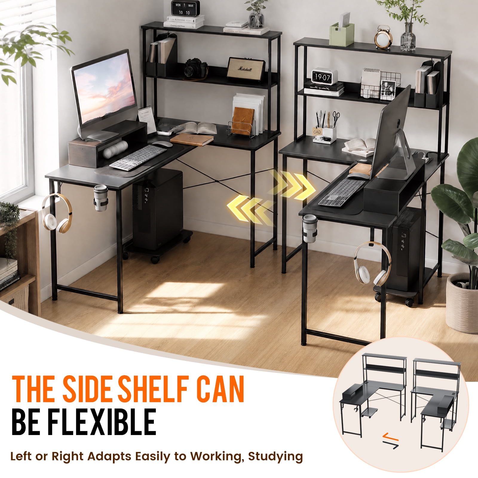 CLOUDREST PTO 53" L-Shaped Office Desk with Hutch & Power Outlets, Black