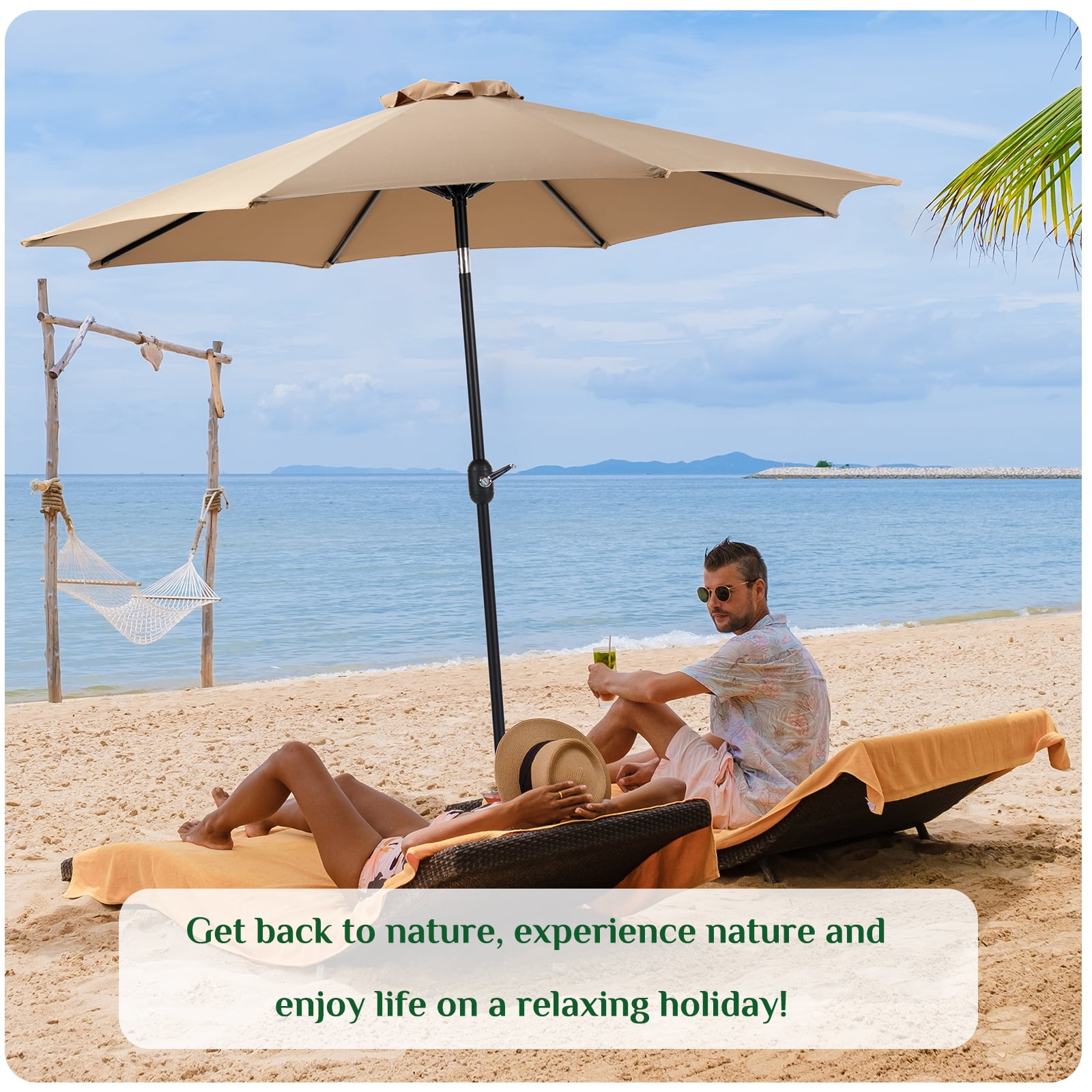 edx 9-FT Outdoor Patio Umbrella with Push Button Tilt and Crank, Patio Table Market Umbrella with 8 Sturdy Ribs UV Protection Waterproof for Garden, Deck, Backyard, Pool, Khaki