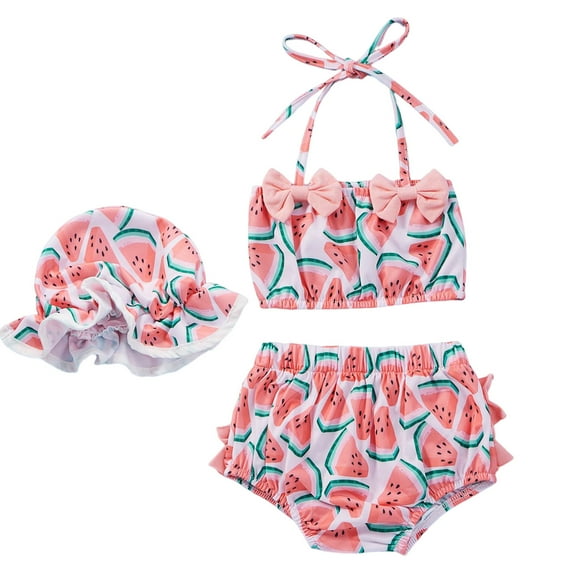 XFHLMJFF Toddler Baby Girl's 3 Piece Swimsuits Watermelon Prints Halter Bikini Bathing Suit With Hairband 12-18M