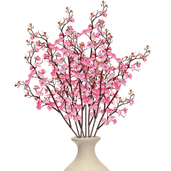 Artificial Plum Blossoms, Long Stem Artificial Flowers for Tall Vase, Pink Faux Cherry Blossoms, Uieke Silk Cherry Blossom Branches, 36.2 in Stems, 8 Pcs