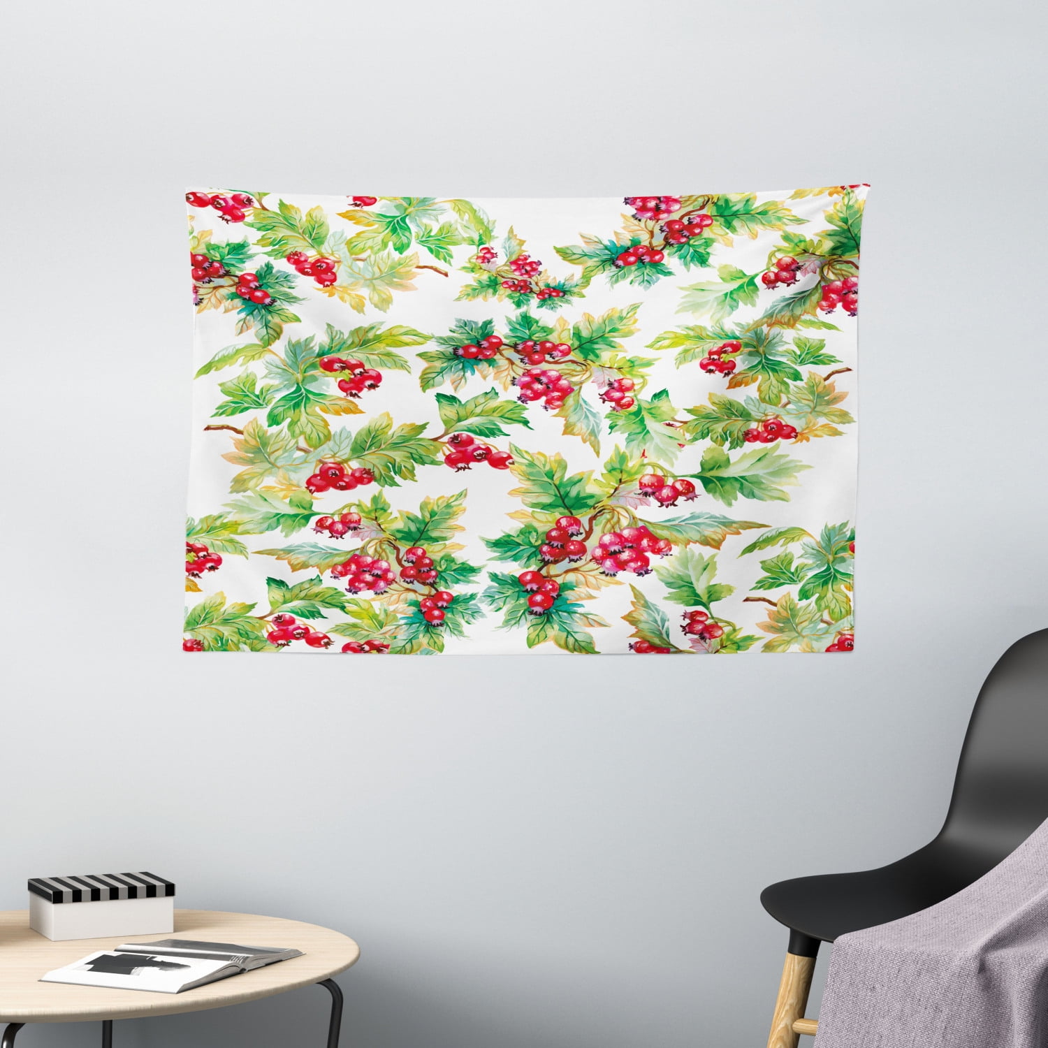 Rowan Tapestry, Watercolor Style Branches with Rowan Berries Winter