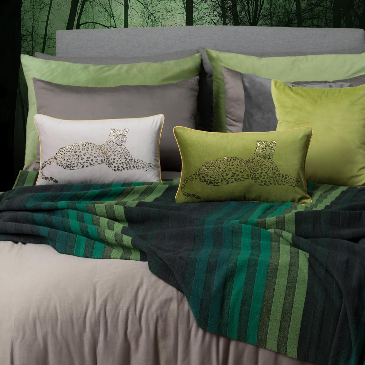 JWH Gold and Green Rectangle Cotton Velvet Leopard Print Cushion Cover 12x20inch