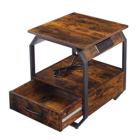 Paproos Nightstand with Charging Station, Modern Sofa Couch Side Table with USB Ports and Power Outlets, Bedroom Bedside Table with Storage Drawer, End Tables for Living Room, Rustic Brown