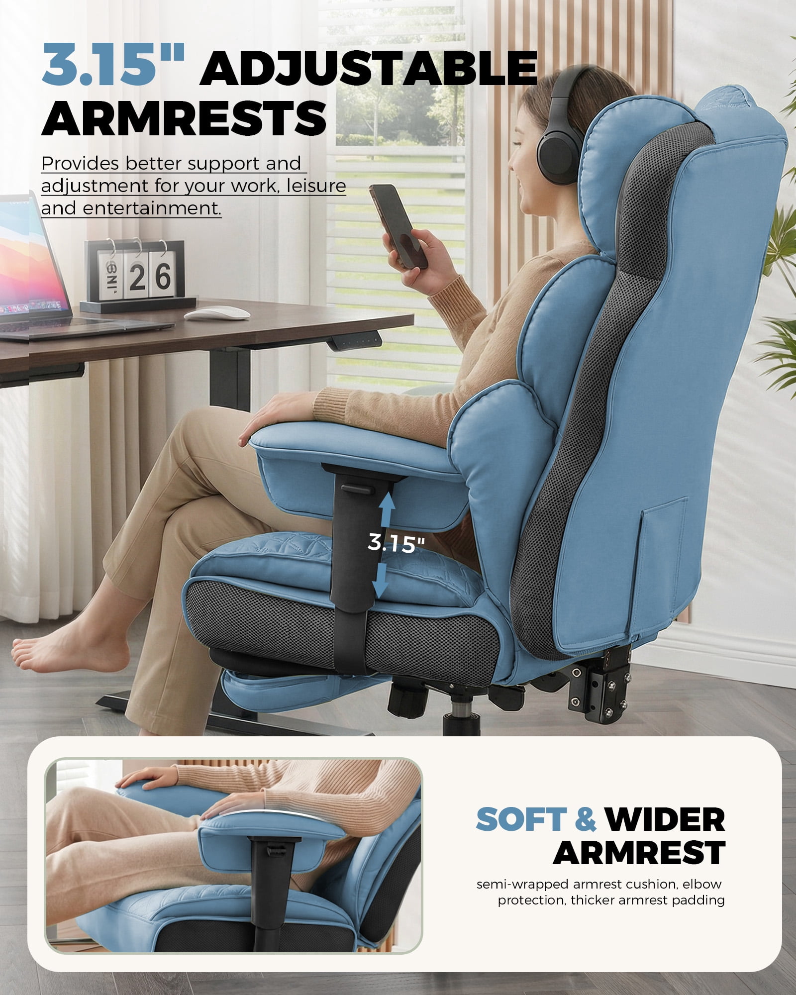 CloudRest Pro 400lbs Executive heavy duty office chair, High Back Ergonomic Computer Desk Chair with Lumbar Back Support,Blue