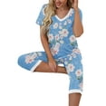 thumbnail image 4 of Womens Summer Pajamas Set Short Sleeve V Neck T-shirt Top with Capri Pants Casual Sleepwear Pjs Loungewear Sets, 4 of 6