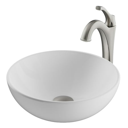 KRAUS Elavo 14-inch Round White Porcelain Ceramic Bathroom Vessel Sink and Spot Free Arlo Faucet Combo Set with Pop-Up Drain, Stainless Brushed Nickel Finish