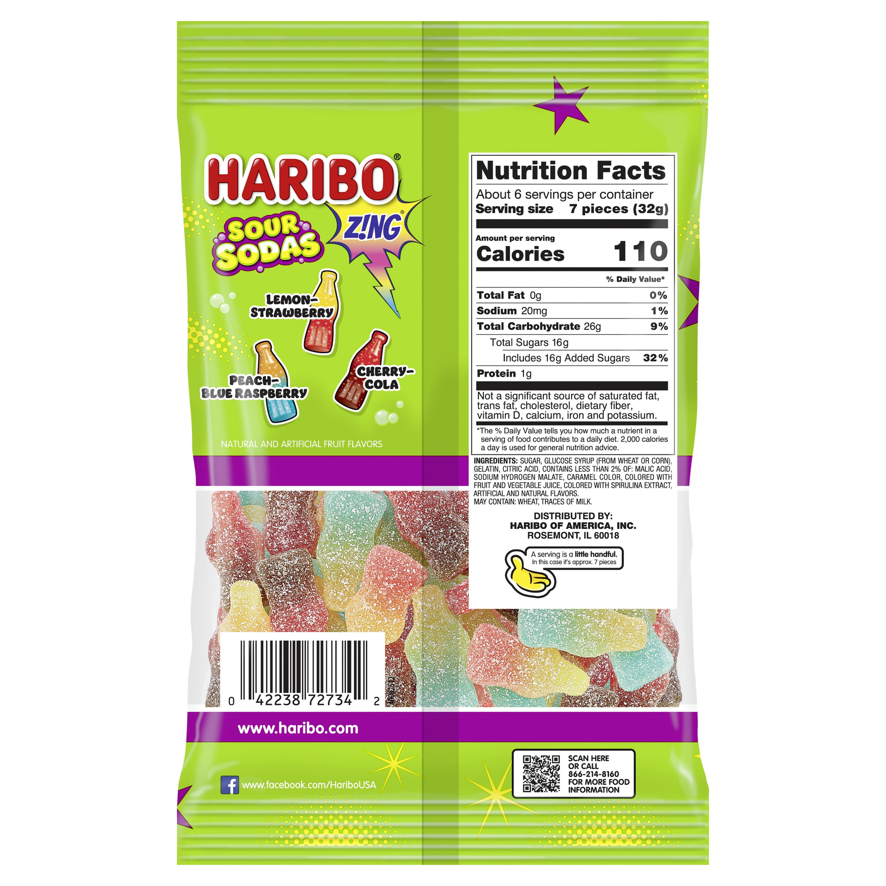 Haribo Sour Soda Gummies Original Assorted Sour Gummy Candy, 7oz, Share Bag