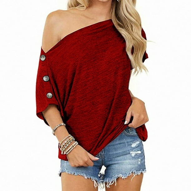 Women's Casual Top Loose Word Strapless Button Short Sleeve T-Shirt 