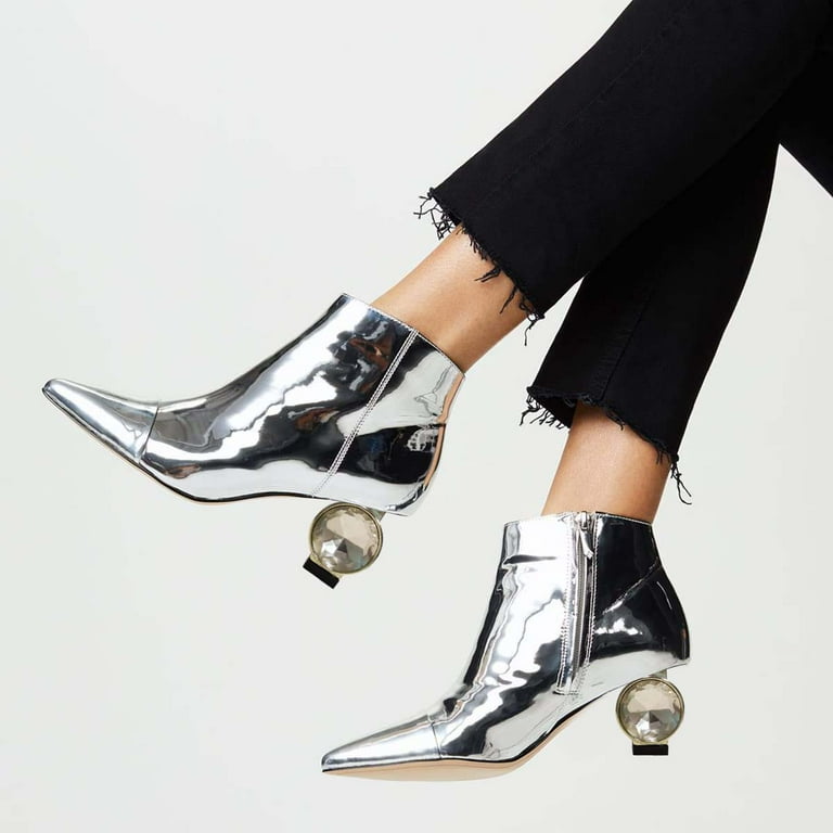 XYD Women Classic Crystal Low Heel Ankle Boots Pointed Closed Toe