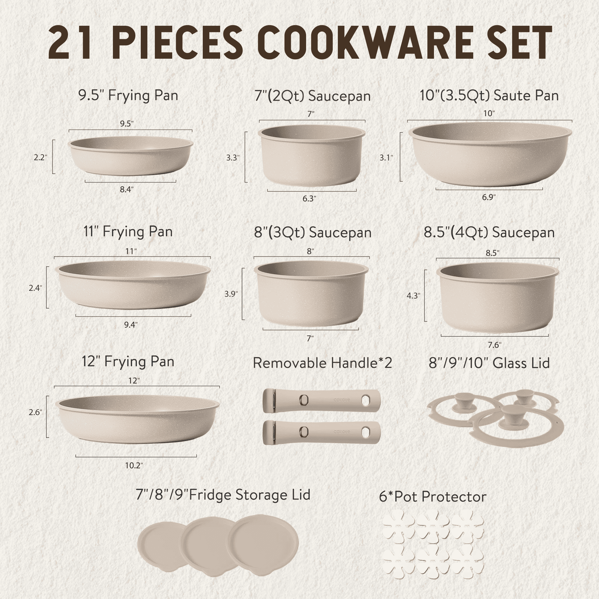 Carote Nonstick Cookware Sets, 21 Pcs Granite Non Stick Pots and Pans with Removable Handle (Taupe)