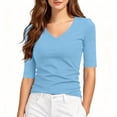 thumbnail image 5 of Uootdi Basic Tops for Women Curved V Neck Mid Sleeve Side Ruched Waist Plain Slim Knit Womens Tees Slim Fit Daily Wear Stretchy Casual Tank Tops for Women, 5 of 8