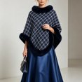 thumbnail image 6 of Puyaiuu Women Tweed Faux Fur Trim Cape Poncho Winter Warm Outerwear Shawl Navy Free Size Gift, 6 of 7