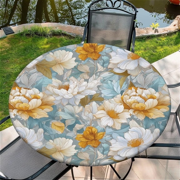 Round Fitted Tablecloth with Elastic Edge Design Table Cover Waterproof Table Cloth Stain-Resistant for 52" Round Table for Dining, Picnic, Party, Decor, Outdoor, Vintage Floral