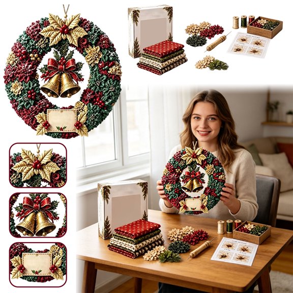 Christmas 3D Fabric Poke Wreath DIY Kit, Complete Handmade Holiday Craft Set for Festive Home Decor and Gift Giving (Double Bell)
