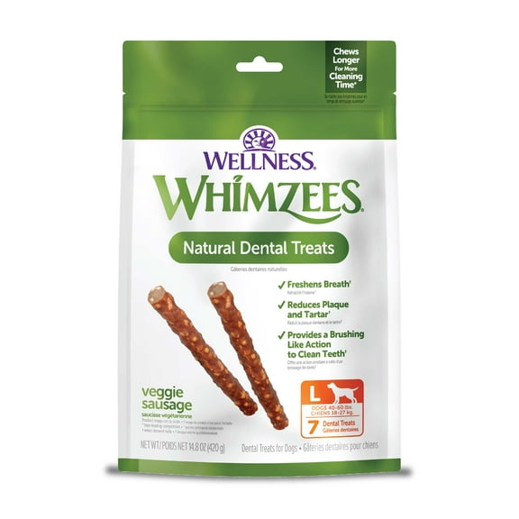 Wellness WHIMZEES Veggie Sausage Dog Dental Treats, Large Size Stick, (7 Count)
