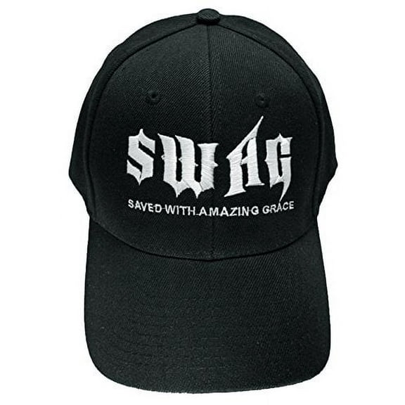 Christian Baseball Cap SWAG Saved with Amazing Grace Black Hat and Bumper Sticker