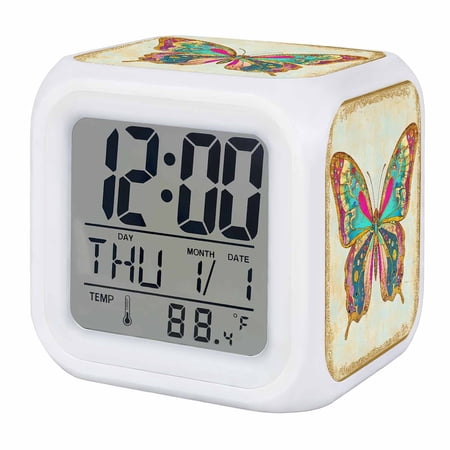 Vintage Butterfly Digital Alarm Clock for Bedrooms, Smart LED Alarm Clock with 7 Color Changing Night Light, Retro Colorful Butterfly Silent Wake Up Clocks for Sleep Study Cooking 3.2x3.2