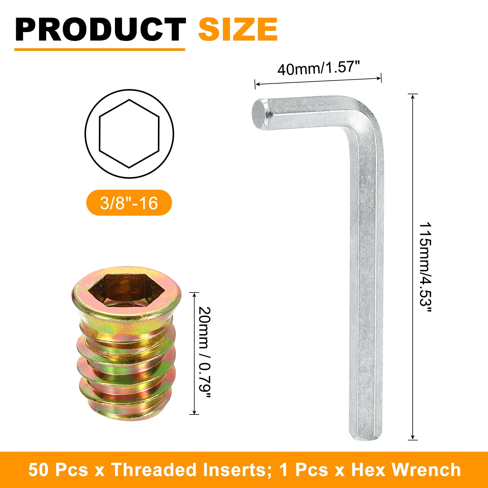 50 Pcs Threaded Insert for Wood, 3/8 - 16 Threaded Studs 20mm Length, Gold