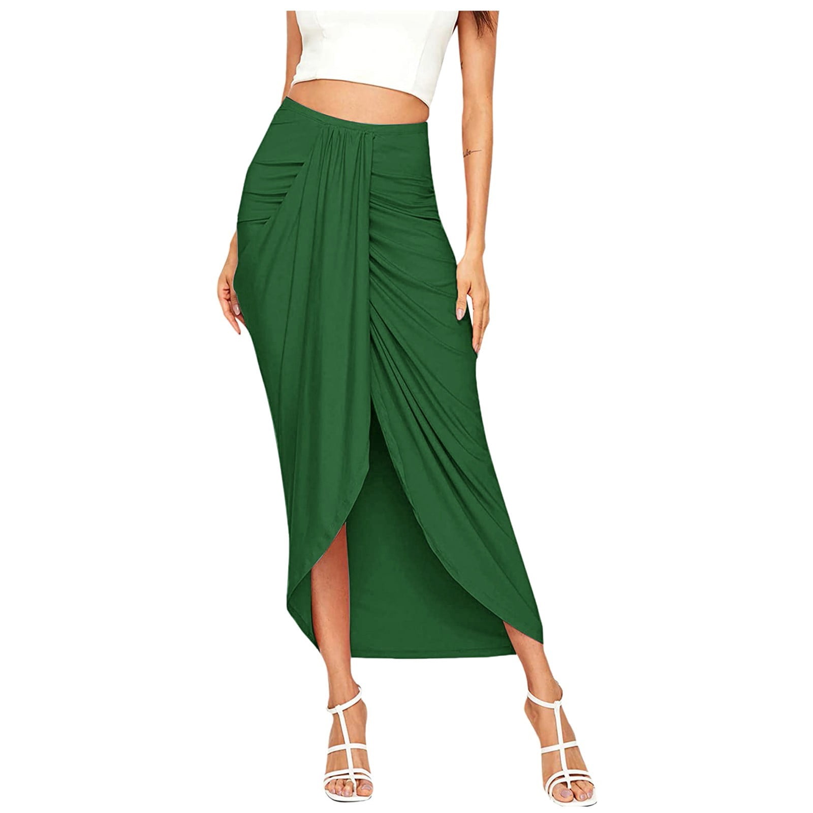 Fvwitlyh Long Skirts For Women Women s Casual Slit Wrap Asymmetrical Elastic High Waist Maxi Draped Solid Skirt Green S Walmart