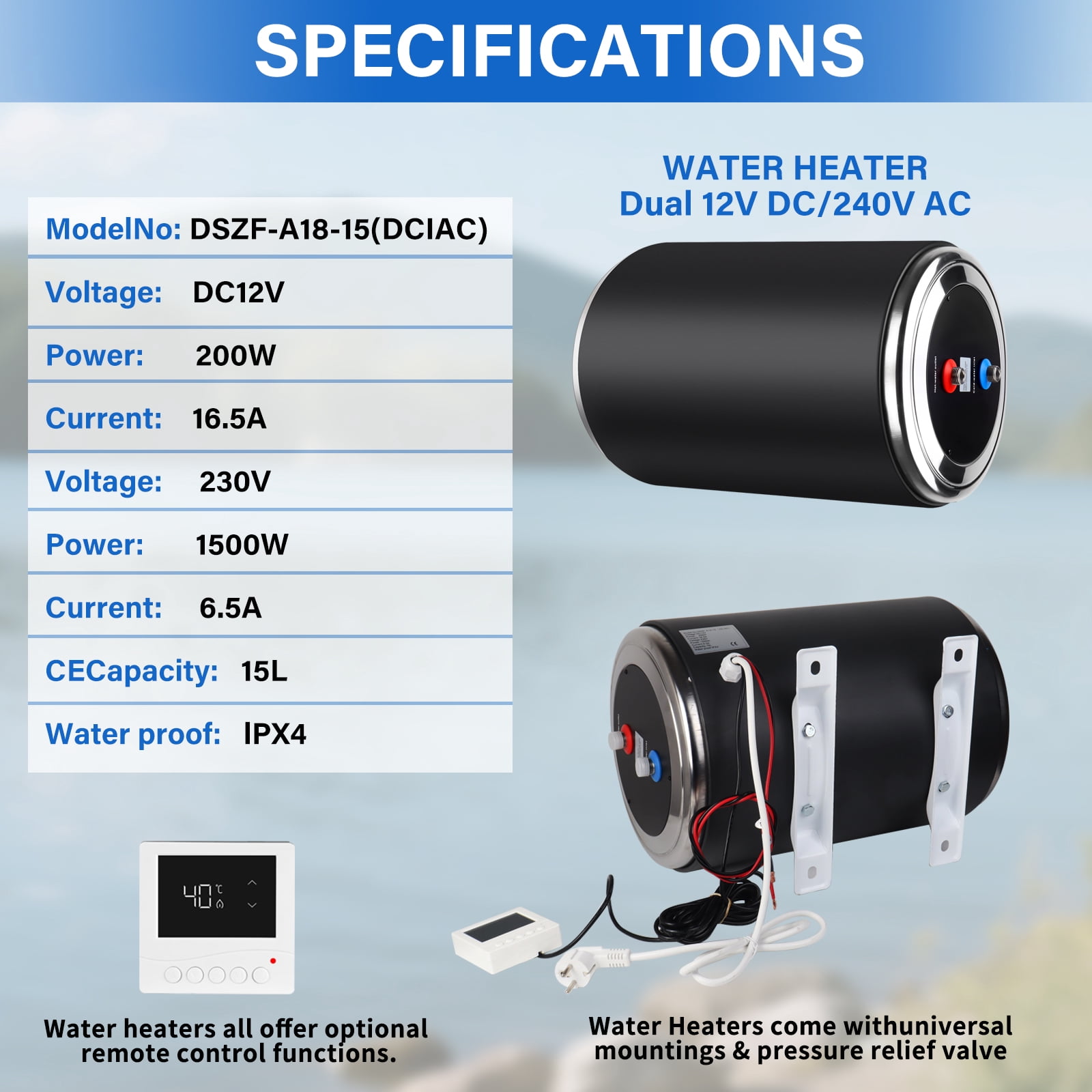 Dual Power Water Heater, 12V DC 200W/120V AC 1500W, 10L, for Caravan Camping US Plug 120V RV Tank Water Heater, Instant for RV, for Camper with Double Power Supply & Remote Controller CSA approved