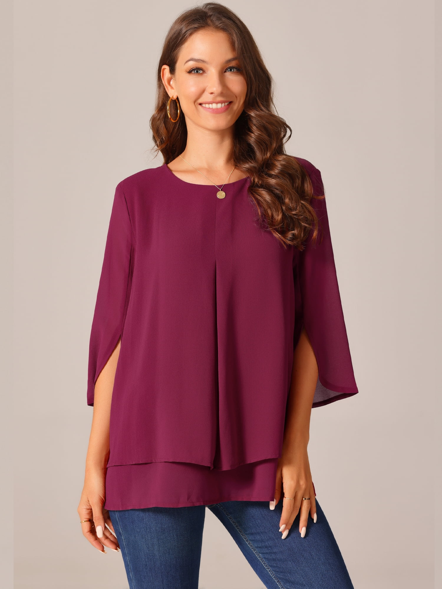 DARING DIVA Women's 3/4 Sleeve Chiffon Casual Crew Neck Blouses XL Wine Red