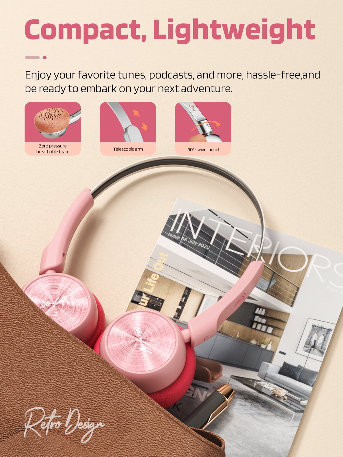 iKF R1 Wireless Retro Wireless Headphones Bluetooth 5.4 APP Custom Sound 60 Hours Playtime Game Mode Noise Isolation Built-in Microphone Throwback 80s 90s Design (Pink)