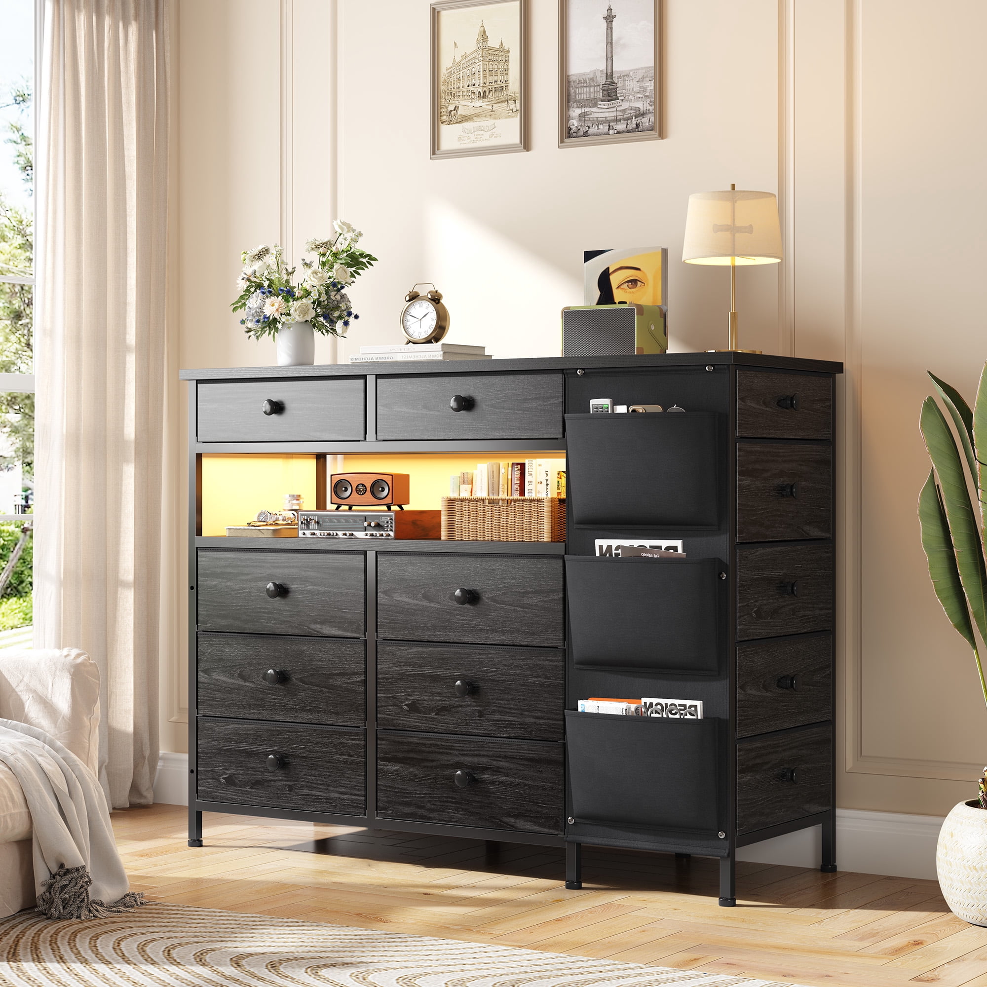 EnHomee Dresser for Bedroom with 13 Drawers and LED Lights Black Dressers & Chests of Drawers Fabric Dresser for Closet,43.3"L x 11.8"W x 40.2"H