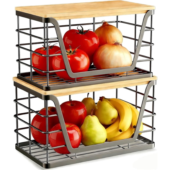2 Pack Storage Stackable Kitchen Laundry Organizers with Bamboo Top, ZHIJYBO Fruit Basket Onion Storage Wire Basket Stackable Kitchen Counter Organizer,Large Trash Bag Holder Organizer,Black