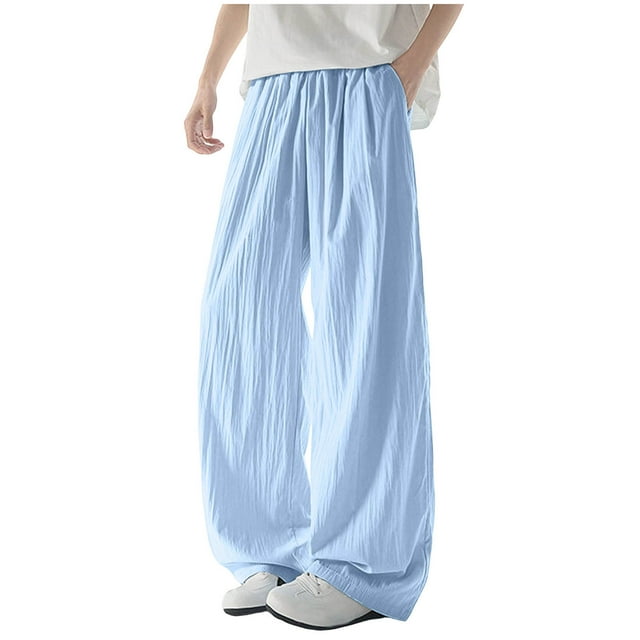 Ceisia Men's All-Season Solid Color Wide Gift Leg Pants Ice Silk Drape Fabric Elastic Waist Drawstring Pockets for Outdoor Casua l Daily