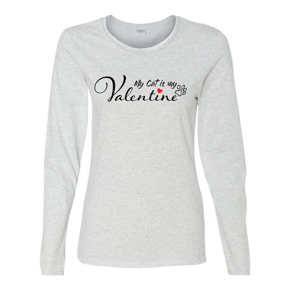 Women's My Cat is My Valentine Ladies Fit Long Sleeve Tee-Ash Grey-small