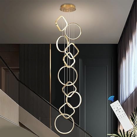 Gold High Ceiling Chandelier 10 Rings Modern LED Chandeliers Long Chandelier for Entryway Dimmable Staircase Flush Mount Chandeliers for Living Room, 3000-6500K
