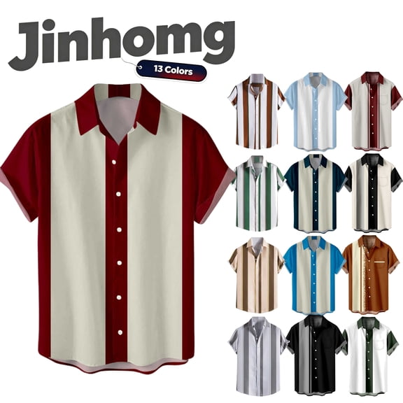 Jinhomg Men's Retro Bowling Shirts 50S Vintage Button Down Lapel Collar Shirts Casual Loose Color Block Short Sleeve Hawaiian Shirts Sales Today Clearance Men Green L