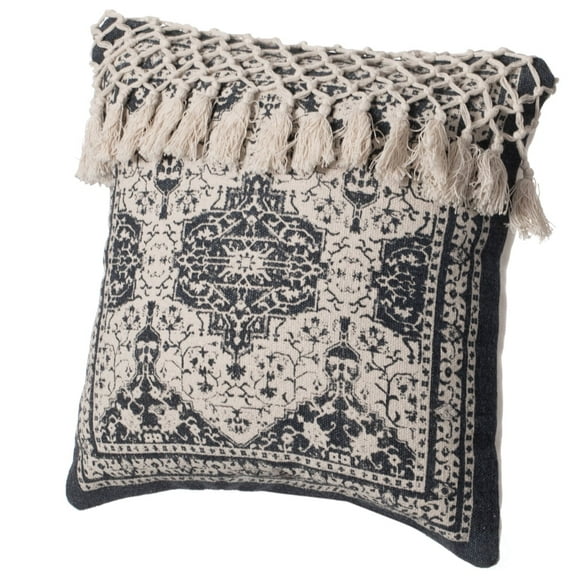 16" Handwoven Cotton Throw Pillow Cover with Traditional Pattern and Tasseled Top, Navy