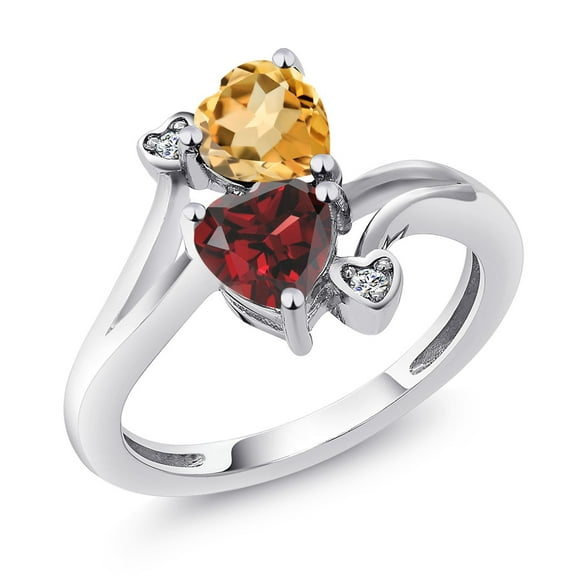 Gem Stone King 1.63 Cttw Yellow Citrine Red Garnet and White Diamond Ring for Women | 925 Silver | Heart Shape 6MM | Gemstone November Birthstone | Wedding Engagement Anniversary Ring | Size 6