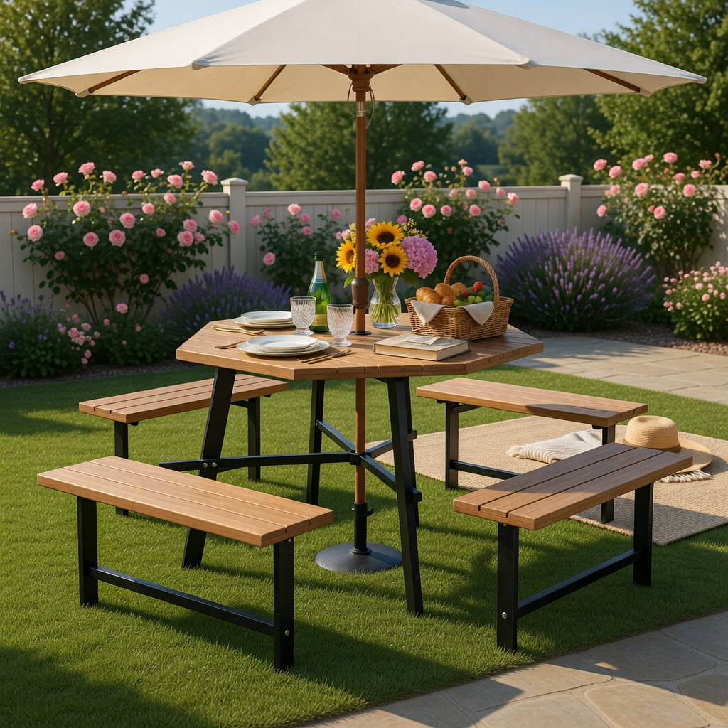 Hommoo 6-Person Acacia Wood Outdoor Picnic Table Set with 3 Benches, Rust-Resistant Metal Frame, Umbrella Hole & Adjustable Feet, Brown & Black