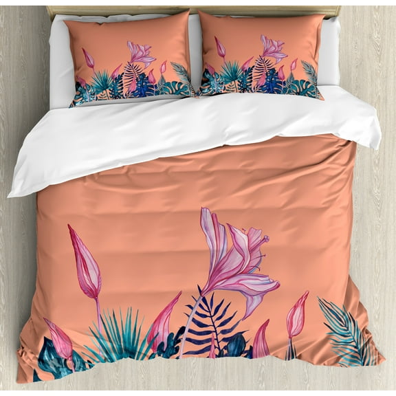 Floral Duvet Cover Set, Graphic of Tropical Botanical Monstera Leaves and Hibiscus Flowers, Decorative 3 Piece Bedding Set with 2 Pillow Shams, Calking Size, Salmon Multicolor, by Ambesonne