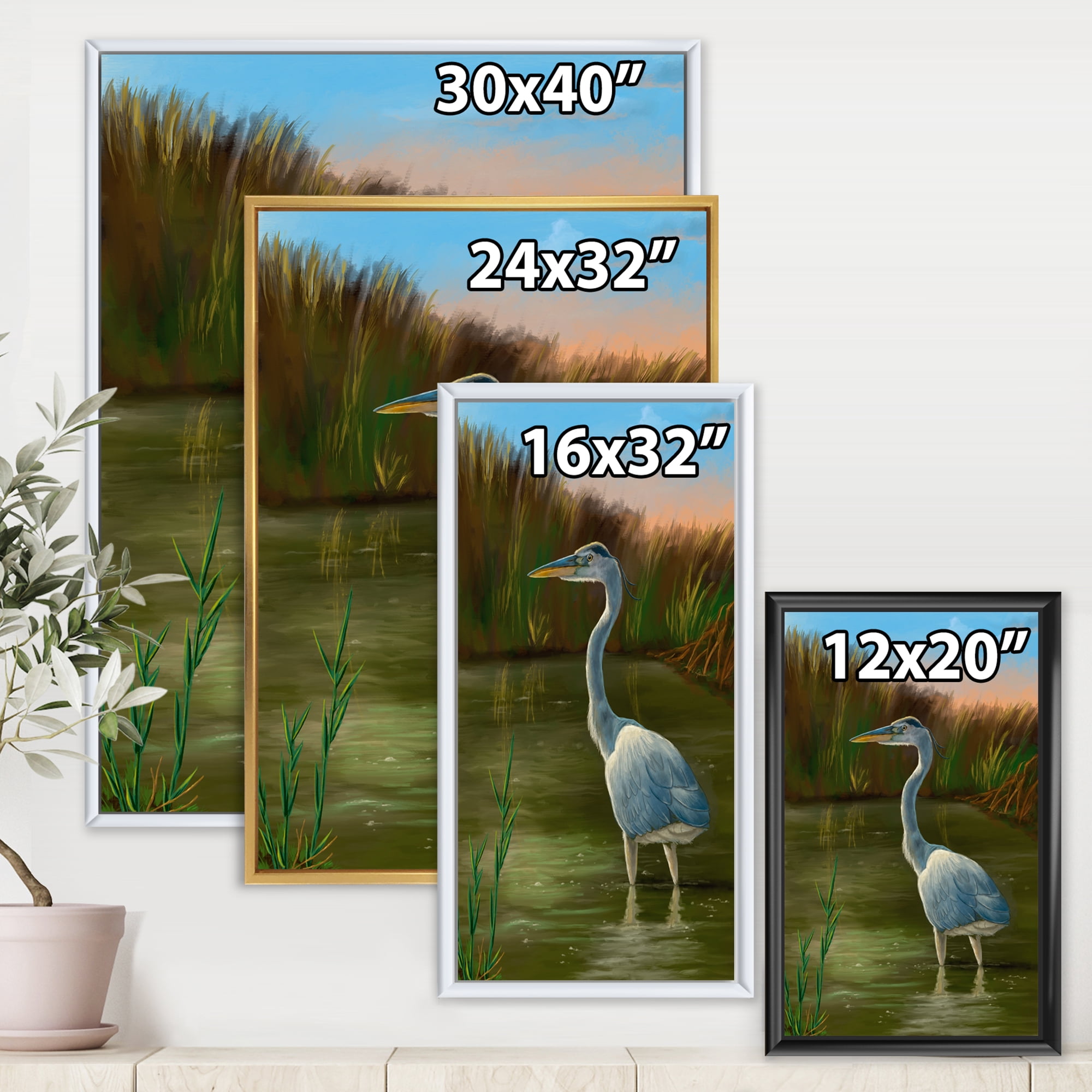 Designart 'Blue Heron Wetland Bird on The Lake Shore' Traditional Framed Canvas Wall Art Print
