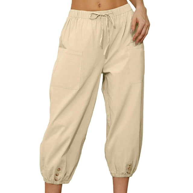 MITCOWBOYS Pantalons Capri pour Femmes pour l'Été Pantalons Capri Larges Pantalons Courts pour Dames Joggers en Lin pour Femmes Pantalons Cargo Amples Pantalons de Randonnée pour Femmes Beige m (Liquidation)